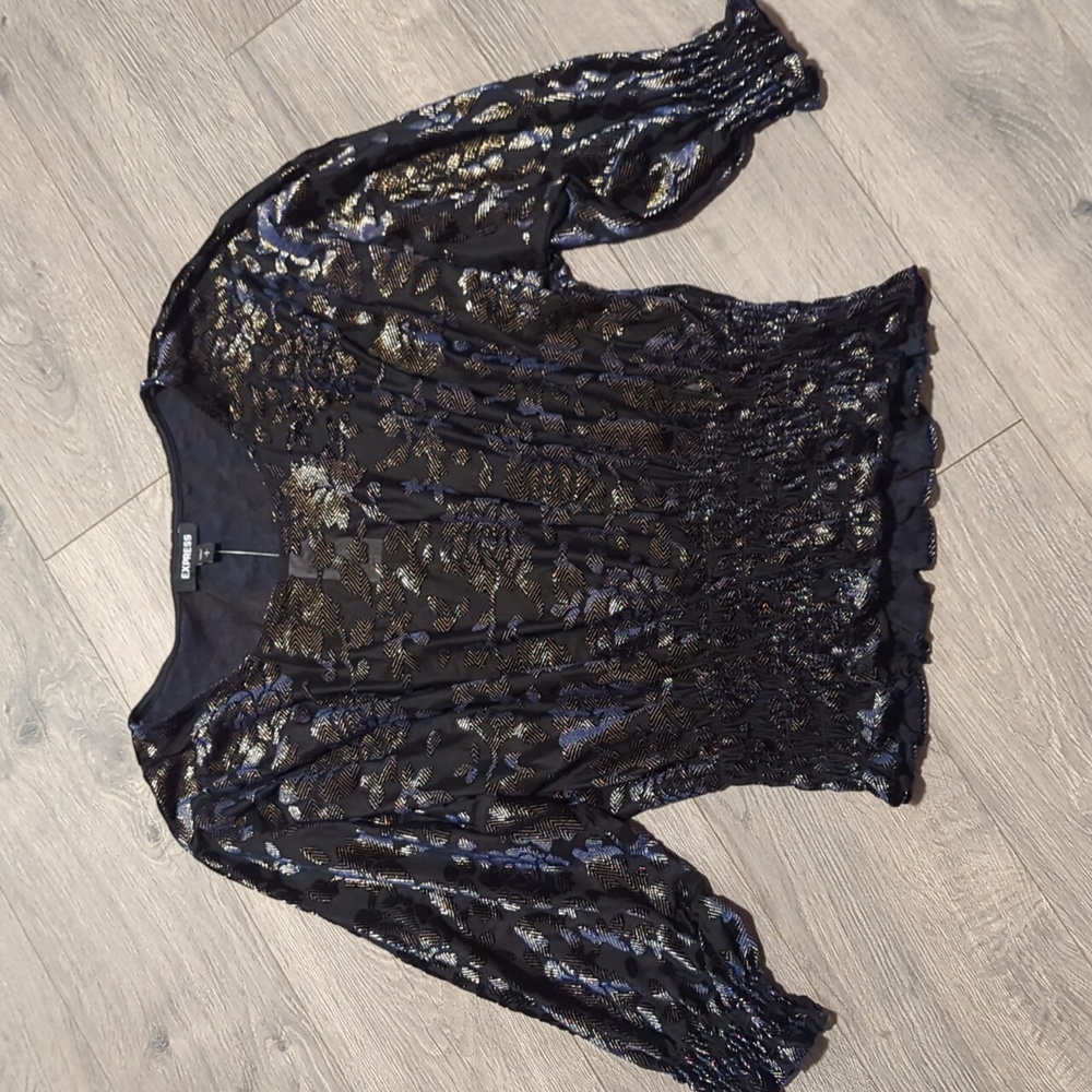 NWT Express Metallic Velvet Textured Smock Waist Blouse
